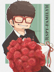 Rule 34 | 1boy, artist name, black bow, black bowtie, black hair, black suit, bouquet, bow, bowtie, closed eyes, copyright name, earrings, facial hair, facing viewer, flower, formal, franky franklin, glasses, green background, holding, holding bouquet, jewelry, male focus, ouka (gegege 853suki), red-framed eyewear, sideburns, single earring, solo, spy x family, stubble, suit