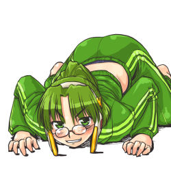 Rule 34 | 1girl, all fours, barefoot, crawling, dd (ijigendd), glasses, green eyes, green hair, homeko, homoo..., matching hair/eyes, os-tan, ponytail, pounce, smile, solo, top-down bottom-up, track suit, xp home-tan, xphome