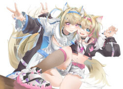Rule 34 | 2girls, animal ear fluff, animal ears, belt collar, black collar, black jacket, blue eyes, blue nails, blush, breasts, collar, cropped jacket, cropped shirt, dog ears, dog girl, dog tail, dress, fang, fur-trimmed jacket, fur trim, fuwawa abyssgard, fuwawa abyssgard (1st costume), hair ornament, hairpin, highres, holding hands, hololive, hololive english, jacket, large breasts, long hair, looking at viewer, medium hair, midriff, mococo abyssgard, mococo abyssgard (1st costume), mugi 0, multiple girls, navel, open mouth, pink eyes, pink nails, shirt, shoes, short shorts, shorts, siblings, single fishnet legwear, sisters, skin fang, small breasts, smile, sneakers, spiked collar, spikes, tail, twins, v, virtual youtuber, white dress, white footwear, white shirt, white shorts, x hair ornament