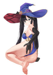 Rule 34 | 1girl, absurdres, aqua eyes, bare legs, bare shoulders, barefoot, black gloves, black hair, feet, genshin impact, gloves, hat, hat ornament, highres, looking at viewer, looking back, mona (genshin impact), no shoes, nonekong, simple background, soles, twintails, white background