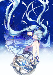 Rule 34 | 1girl, blue eyes, blue hair, bow, dress, earrings, frilled dress, frills, hair bow, hair ornament, hairclip, hatsune miku, highres, jewelry, long hair, looking at viewer, pale skin, sakon04, sitting, smile, snowflakes, snowing, solo, star (symbol), twintails, very long hair, vocaloid, yuki miku