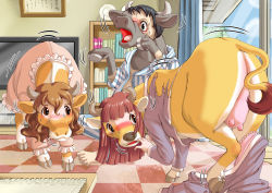 Rule 34 | all fours, animalization, black eyes, black hair, blush, book, bookshelf, brown eyes, brown hair, checkboard, cloud, cow, edmol, embarrassed, hooves, horns, open mouth, original, pajamas, plate, red hair, sweat, tail, tears, television, torn clothes, transformation, tree, udder, underwear, window