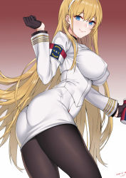 Rule 34 | 1girl, armband, ass, azur lane, black gloves, black pantyhose, blonde hair, blue eyes, breasts, closed mouth, commentary request, covered erect nipples, dated, detached sleeves, from side, gloves, gradient background, hair between eyes, hairband, highres, holding, impossible clothes, impossible jacket, jacket, large breasts, lips, long hair, long sleeves, looking at viewer, military, military uniform, miniskirt, north carolina (azur lane), pantyhose, pencil skirt, signature, simple background, skirt, smile, solo, uniform, zui ai shuang mawei
