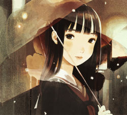 Rule 34 | 1girl, bad id, bad pixiv id, black eyes, black hair, black serafuku, blunt bangs, brown theme, closed mouth, female focus, from side, glass, holding, holding umbrella, kumaori jun, lips, looking at viewer, looking to the side, neckerchief, original, portrait, red neckerchief, sailor collar, school uniform, serafuku, snow, snowing, solo, straight hair, umbrella, upper body, white sailor collar