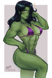 Rule 34 | 1girl, abs, arm up, biceps, bikini, black hair, border, breasts, colored skin, commentary, english commentary, feet out of frame, green eyes, green skin, grey background, hand on own hip, iahfy, large breasts, long hair, looking at viewer, marvel, muscular, muscular female, navel, purple bikini, she-hulk, simple background, solo, swimsuit, white border
