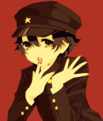 Rule 34 | 1boy, androgynous, black hair, brown eyes, buttons, eyelashes, finger to mouth, gakuran, hand on own face, hat, litchi hikari club, male focus, nail polish, open mouth, raizou (litchi hikari club), red background, school uniform, simple background, solo, tareme, uniform
