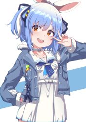 Rule 34 | 1girl, :d, absurdres, belt, blue hair, blue jacket, blue neckerchief, blue ribbon, blush, carrot hair ornament, choker, commentary, dress, food-themed hair ornament, fur trim, hair ornament, hair ribbon, hand on own hip, hand up, highres, hololive, jacket, long sleeves, looking at viewer, multicolored hair, neckerchief, official alternate costume, open clothes, open jacket, open mouth, red eyes, ribbon, sailor collar, short eyebrows, smile, solo, thick eyebrows, two-tone hair, usada pekora, usada pekora (casual), v, valefal coneri, virtual youtuber, white belt, white choker, white dress, white sailor collar
