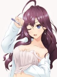Rule 34 | 10s, 1girl, ahoge, blue eyes, blush, breasts, brown hair, cleavage, clothes lift, covered erect nipples, earrings, ichinose shiki, idolmaster, idolmaster cinderella girls, jewelry, lab coat, large breasts, light blush, long hair, looking at viewer, navel, one eye closed, pouring, puem, grabbing own breast, shirt lift, simple background, solo, tank top, test tube, tongue, tongue out, white background