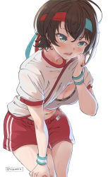 Rule 34 | 1girl, blue eyes, blush, breasts, brown hair, clothes lift, commentary request, cowboy shot, grey sports bra, gym uniform, hand on own thigh, headband, highres, hololive, leaning forward, lifting own clothes, looking away, medium breasts, oozora subaru, open mouth, red shorts, shirt, shirt lift, short hair, short sleeves, shorts, simple background, solo, sports bra, sweat, twitter username, vinhnyu, virtual youtuber, white background, white shirt, wristband
