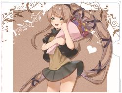 Rule 34 | 1girl, alternate hair color, black jacket, bouquet, brown background, brown hair, commentary request, cowboy shot, flower, grey sailor collar, grey skirt, hair flaps, jacket, kantai collection, long hair, neck ribbon, pink hair, pleated skirt, ponytail, red ribbon, ribbon, sailor collar, school uniform, serafuku, shanghmely, short sleeves, skirt, solo, standing, two-tone background, very long hair, white background, yura (kancolle), yura kai ni (kancolle)