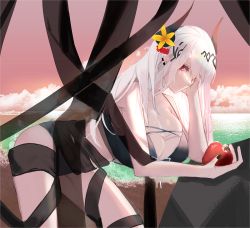 Rule 34 | 1girl, apple, arknights, bare shoulders, bent over, bikini, black bikini, black nails, breasts, cleavage, closed mouth, collarbone, day, do2, ear piercing, eyebrows hidden by hair, flower, food, from side, fruit, hair flower, hair ornament, holding, holding food, holding fruit, horns, large breasts, long hair, looking at viewer, looking to the side, md5 mismatch, mudrock (arknights), mudrock (silent night) (arknights), nail polish, ocean, official alternate costume, outdoors, piercing, pink sky, pointy ears, red eyes, resolution mismatch, rock, silver hair, sky, solo, source larger, standing, swimsuit, very long hair, yellow flower