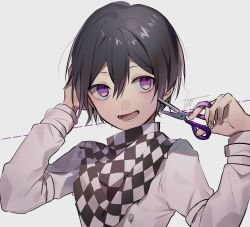 Rule 34 | 1boy, :d, alternate hair length, alternate hairstyle, black hair, checkered clothes, checkered scarf, commentary request, danganronpa (series), danganronpa v3: killing harmony, grey background, grey jacket, hair between eyes, highres, holding, holding scissors, huyuharu0214, jacket, long sleeves, looking at viewer, lower teeth only, male focus, open mouth, oma kokichi, pink eyes, purple eyes, scarf, scissors, short hair, signature, simple background, smile, solo, straitjacket, teeth, upper body, white background