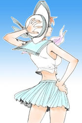 Rule 34 | 1girl, back, breasts, chabudai, female focus, hand on own hip, hat, hip focus, large breasts, midriff, nami (one piece), one piece, orange hair, pleated skirt, sailor collar, skirt, solo, standing, white hat, wind