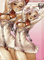 Rule 34 | 1girl, breasts, clone, covered erect nipples, fiona huckleberry, greaseberries, headdress, highres, lips, looking at viewer, open mouth, pink eyes, shirou masamune, short hair, smile, solo, white hair