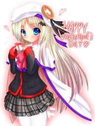 Rule 34 | 1girl, absurdres, blonde hair, blue eyes, cape, gift, happy valentine, hat, highres, holding, holding gift, little busters!, long hair, noumi kudryavka, plaid, plaid skirt, school uniform, shirotoshi, skirt, solo, thighhighs, valentine