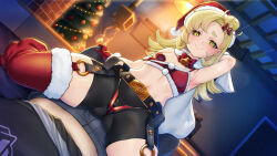 1girl arm_behind_head armpits bell belt bike_shorts black_belt black_shorts blonde_hair bow bowtie christmas_ornaments christmas_tree closed_mouth covered_erect_nipples eva_(hq8nn1ef) fur-trimmed_gloves fur-trimmed_thighhighs fur_trim gloves hat heart_pasties long_hair midriff navel neck_bell pasties piper_wheel pom_pom_(clothes) red_bow red_bowtie red_gloves red_hat red_thighhighs santa_hat shorts signature sitting sitting_on_person thighhighs yellow_eyes zenless_zone_zero