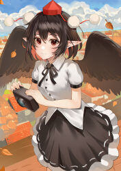 Rule 34 | 1girl, absurdres, autumn leaves, black hair, black ribbon, black skirt, black wings, blush, buttons, camera, clip miao, closed mouth, cloud, collared shirt, colored inner hair, commentary, cowboy shot, day, fingernails, frilled skirt, frills, hair between eyes, hat, highres, holding, holding camera, leaf, looking at viewer, multicolored hair, multiple wings, neck ribbon, orange hair, outdoors, pointy ears, red eyes, red hat, ribbon, ribbon-trimmed skirt, ribbon trim, shameimaru aya, shirt, short hair, short sleeves, skirt, sky, smile, tokin hat, touhou, town, white shirt, wings