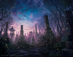 Rule 34 | alayna danner, artist name, cloud, commentary, company name, english commentary, fantasy, gradient sky, graveyard, highres, light particles, magic: the gathering, morning, moss, no humans, outdoors, plant, scenery, sky, star (sky), starry sky, stone lantern, stone pillar, sunrise, tree, watermark