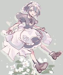 Rule 34 | 1boy, :d, apron, bad id, bad twitter id, blonde hair, blue eyes, blunt bangs, brown footwear, capelet, commentary, dress, grey background, highres, looking at viewer, made in abyss, maid, maid apron, maid headdress, male focus, maruruk, namiki omu, open mouth, puffy short sleeves, puffy sleeves, shoes, short sleeves, simple background, smile, solo