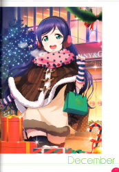 Rule 34 | 10s, 1girl, absurdres, aqua eyes, bag, box, christmas ornaments, december, earmuffs, fingerless gloves, gift, gift box, gloves, highres, long hair, love live!, love live! school idol festival, love live! school idol project, non-web source, official art, open mouth, outdoors, purple hair, scan, smile, solo, sparkle, star (symbol), star print, striped, thighhighs, tojo nozomi, winter clothes, zettai ryouiki