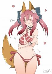 Rule 34 | 10s, 1girl, animal ears, bikini, blush, breasts, cleavage, closed eyes, cosplay, fate/extra, fate/grand order, fate (series), fox ears, fox tail, groin, hair ribbon, halterneck, heart, kasagland, large breasts, long hair, navel, nero claudius (fate), nero claudius (fate) (all), nero claudius (swimsuit caster) (fate), nero claudius (swimsuit caster) (fate) (cosplay), pink hair, ribbon, simple background, smile, solo, striped bikini, striped clothes, swimsuit, tail, tamamo (fate), tamamo no mae (fate/extra), twintails, white background