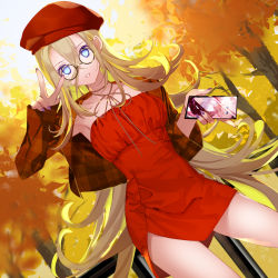 Rule 34 | 1girl, absurdres, artist self-reference, beret, black-framed eyewear, blonde hair, blue eyes, brown jacket, brown ribbon, cellphone, collarbone, dress, glasses, hair between eyes, hand up, hat, highres, holding, holding phone, jacket, lily (vocaloid), long hair, long sleeves, nail polish, neck ribbon, open clothes, open jacket, parted bangs, phone, plaid, plaid jacket, purple nails, red dress, red hat, ribbon, round eyewear, sleeves past wrists, solo, strapless, strapless dress, tree, v, very long hair, vocaloid, yuuki kira