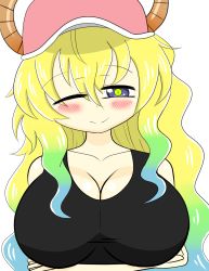 Rule 34 | 1girl, bare shoulders, blush, breasts, chaoschrome, cleavage, dragon, dragon girl, hat, highres, horns, huge breasts, kobayashi-san chi no maidragon, long hair, lucoa (maidragon), multicolored hair, one eye closed, simple background, smile, solo, white background, wink