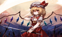 Rule 34 | 1girl, absurdres, ascot, blonde hair, crystal, fang, fang out, flandre scarlet, frilled shirt collar, frills, full moon, hair between eyes, hat, hat ribbon, highres, holding, holding sword, holding weapon, looking ahead, mob cap, moon, puffy short sleeves, puffy sleeves, red eyes, red ribbon, red skirt, red vest, ribbon, shirt, short sleeves, skirt, skirt set, smile, solo, sword, top-exerou, touhou, vest, weapon, white shirt, wings, wrist cuffs