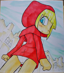 Rule 34 | 1girl, ass, blonde hair, blue eyes, blush, building, capelet, cloud, dress, from behind, hood, hooded capelet, long sleeves, looking at viewer, looking back, open mouth, panties, red capelet, red dress, short hair, sky, standing, studio abuno culture, underwear, white panties