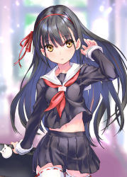 Rule 34 | 1girl, black hair, black serafuku, black shirt, black skirt, blurry, blurry background, breasts, briefcase, brown eyes, collarbone, commentary request, depth of field, fingernails, hair between eyes, hair ribbon, hairband, hand up, highres, holding, long hair, long sleeves, looking at viewer, moe2019, navel, neckerchief, original, parted lips, pleated skirt, raika9, red hairband, red neckerchief, red ribbon, ribbon, ribbon-trimmed legwear, ribbon trim, sailor collar, school briefcase, school uniform, serafuku, shirt, skirt, sleeves past wrists, small breasts, solo, stomach, thighhighs, very long hair, white sailor collar, white thighhighs