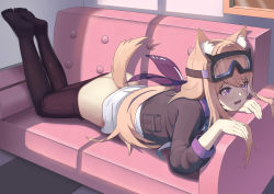 Rule 34 | 1girl, absurdres, animal ear fluff, animal ears, arknights, ass, black jacket, black pantyhose, cardigan (arknights), clothes pull, couch, dog ears, dog girl, dog tail, feet up, full body, goggles, goggles on head, highres, jacket, light brown hair, long hair, lying, neckerchief, no shoes, on stomach, pantyhose, pantyhose pull, ponytail, purple eyes, purple neckerchief, shirt, sleeves past elbows, solo, tail, wangguan ord, white shirt