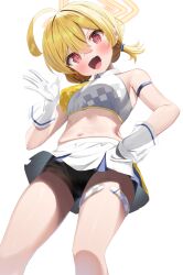Rule 34 | 1girl, :d, ahoge, bare shoulders, bike shorts, black shorts, blonde hair, blue archive, blush, breasts, commentary request, fang, gloves, hair between eyes, hair intakes, halo, hand on own hip, highres, k mugura, kotori (blue archive), kotori (cheer squad) (blue archive), looking at viewer, low twintails, medium breasts, navel, open mouth, pleated skirt, red eyes, short shorts, short twintails, shorts, shorts under skirt, simple background, skirt, smile, solo, twintails, upskirt, v-shaped eyebrows, white background, white gloves, white skirt