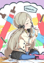 Rule 34 | 1girl, black skirt, blue pantyhose, blush, bracelet, buttons, closed eyes, closed mouth, collared shirt, crumpled paper, double-breasted, furrowed brow, hair ribbon, handa roco, headphones, holding, holding pen, idolmaster, idolmaster million live!, idolmaster million live! theater days, indian style, jewelry, kuresuku (lessons), light brown hair, long hair, paintbrush, pantyhose, parted bangs, pen, pen to mouth, pink footwear, polka dot, polka dot ribbon, ribbon, scrunchie, shirt, simple background, sitting, skirt, sleeves rolled up, speech bubble, very long hair, wavy hair, wrist scrunchie