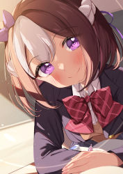Rule 34 | 1girl, blush, bow, bowtie, braid, brown hair, brown sweater, closed mouth, ear bow, highres, jacket, long sleeves, looking at viewer, multicolored hair, open clothes, open jacket, purple eyes, red bow, red bowtie, saboten mushi, shirt, smile, solo, special week (umamusume), streaked hair, sweater, umamusume, white hair, white shirt