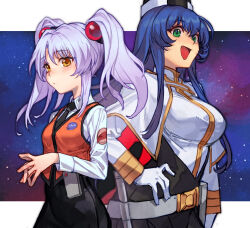 Rule 34 | 2girls, arm at side, belt, belt pouch, black necktie, black skirt, blue hair, blush, breasts, capelet, closed mouth, collared shirt, gloves, gold trim, green eyes, grey hair, hair between eyes, hair bobbles, hair ornament, hand on own hip, hat, hoshino ruri, hungry clicker, jacket, kidou senkan nadesico, large breasts, letterboxed, long hair, long sleeves, looking at viewer, military jacket, military uniform, misumaru yurika, multiple girls, necktie, open mouth, orange vest, outside border, own hands together, pencil skirt, pouch, shirt, skirt, smile, space, star (sky), twintails, uniform, vest, white belt, white capelet, white gloves, white jacket, white shirt, yellow eyes