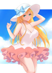 Rule 34 | 1girl, aqua eyes, barefoot, blue bow, blue sky, bow, braid, breasts, cleavage, cloud, cloudy sky, commentary request, dress, frilled dress, frills, hair between eyes, hat, hat bow, highres, large breasts, leg up, long hair, looking at viewer, orange hair, pecorine (princess connect!), pecorine (real) (princess connect!), princess connect!, short dress, side braid, sky, solo, sun hat, toki to shishin, white dress, white hat