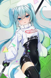 Rule 34 | 1girl, absurdres, aqua eyes, aqua hair, black bodysuit, black gloves, blush, bodysuit, breasts, covered navel, cropped jacket, flag, gloves, goodsmile racing, hair between eyes, hatsune miku, hiciki, highres, holding, holding pole, jacket, long hair, long sleeves, looking at viewer, parted lips, pole, print jacket, racing miku, racing miku (2022), single thighhigh, small breasts, solo, thighhighs, twintails, vocaloid, white jacket