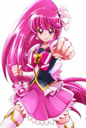 Rule 34 | 10s, 1girl, aino megumi, boots, brooch, cure lovely, earrings, eyelashes, fighting stance, hair ornament, happinesscharge precure!, happy, heart, heart brooch, heart earrings, highres, jewelry, long hair, looking at viewer, magical girl, pink eyes, pink hair, pink skirt, ponytail, precure, puffy sleeves, ribbon, sharumon, shirt, simple background, skirt, smile, solo, stance, standing, thigh boots, thighhighs, very long hair, vest, white background, wide ponytail, wrist cuffs