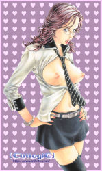 Rule 34 | 1girl, between breasts, border, breasts, breasts out, clitlogic, copyright name, glasses, hands on own hips, heart, heart background, large breasts, lipstick, long hair, microskirt, mihoto kouji, miniskirt, nail polish, necktie, necktie between breasts, nipples, no bra, open clothes, open shirt, red lips, shirt, skirt, solo, thighhighs, watermark, web address, zettai ryouiki