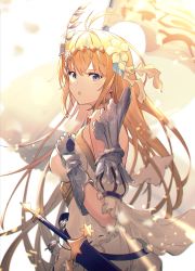 Rule 34 | 1girl, absurdres, bare shoulders, blonde hair, blue eyes, choker, detached sleeves, feather hair ornament, feathers, flag, flower, gauntlets, granblue fantasy, hair flower, hair ornament, hairband, hand on own chest, highres, jeanne d&#039;arc (granblue fantasy), light rays, long hair, sheath, sheathed, simple background, solo, sunbeam, sunlight, sword, watabaacon, weapon, white background
