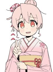 Rule 34 | 1girl, blush stickers, brown eyes, commentary request, flower, genderswap, genderswap (mtf), hair between eyes, hair bun, hair flower, hair ornament, japanese clothes, kimono, long sleeves, looking at viewer, obi, onii-chan wa oshimai!, oyama mahiro, pink flower, pink hair, pink kimono, sash, seramikku, simple background, smile, solo, upper body, white background, wide sleeves