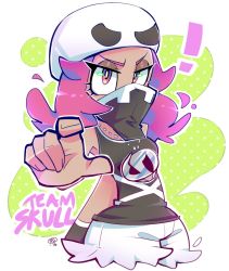 Rule 34 | !, 1girl, bandana, bandana over mouth, commentary, creatures (company), eyeshadow, flipped hair, game freak, hand up, hat, highres, jewelry, long hair, makeup, milka (milk4ppl), necklace, nintendo, outline, pink eyes, pink hair, pokemon, pokemon sm, shorts, signature, skull-shaped hat, skull necklace, solo, team skull, team skull grunt, team skull uniform, white shorts, wristband