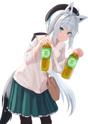 Rule 34 | 1girl, 6mint, absurdres, ahoge, animal ear fluff, animal ears, aqua eyes, bag, beret, black pantyhose, bottle, braid, casual, commentary, cowboy shot, fox ears, fox girl, fox tail, green skirt, hat, highres, holding, holding bottle, hololive, leaning forward, long hair, long sleeves, looking at viewer, pantyhose, shirakami fubuki, shoulder bag, side braid, sidelocks, silver hair, simple background, skirt, smile, solo, tail, tea, very long hair, virtual youtuber, water bottle, white background