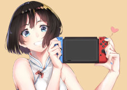 Rule 34 | 1girl, black hair, blue eyes, clenched teeth, coffee (89551285), game console, handheld game console, heart, looking at viewer, nintendo switch, original, short hair, simple background, sleeveless, smile, solo, teeth, upper body, yellow background