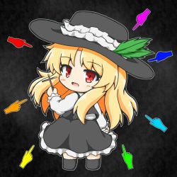 Rule 34 | 1girl, black footwear, black hat, black skirt, black vest, blonde hair, chibi, collared shirt, commentary request, cross, dolls in pseudo paradise, fedora, frilled hat, frilled skirt, frilled sleeves, frills, full body, happy, hat, hat feather, holding, holding cross, jacket girl (dipp), liner41, long hair, long sleeves, open mouth, pointing, red eyes, shirt, sidelocks, skirt, skirt set, solo, touhou, very long hair, vest, wavy hair, white shirt