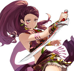 Rule 34 | 1girl, armlet, bare shoulders, belt, braid, breasts, brown eyes, closed mouth, earrings, fire emblem, fire emblem: three houses, high ponytail, holding, holding sword, holding weapon, jewelry, long hair, looking at viewer, midriff, mikami, miniskirt, nintendo, petra macneary, ponytail, purple hair, simple background, skirt, solo, sword, thighs, weapon, white background