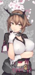 Rule 34 | 1girl, 2019, arm under breasts, artist name, black jacket, black skirt, breasts, brown hair, chain, cleavage, closed mouth, collar, dated, finger to mouth, flipped hair, floral background, gloves, green eyes, hair between eyes, hairband, headgear, highres, jacket, kantai collection, large breasts, looking at viewer, metal belt, metal collar, midriff, mutsu (kancolle), mutsu kai ni (kancolle), pleated skirt, radio antenna, rokuwata tomoe, short hair, simple background, skirt, smile, solo, twitter username, upper body, watermark, web address, white gloves