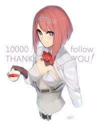 Rule 34 | 10s, 1girl, ark royal (kancolle), bad id, bad pixiv id, blue eyes, bob cut, breasts, brown gloves, cropped torso, cup, enosan, fingerless gloves, gloves, highres, holding, holding cup, kantai collection, long sleeves, looking at viewer, milestone celebration, red hair, short hair with long locks, sidelocks, small breasts, smile, solo, teacup, thank you, upper body, white background