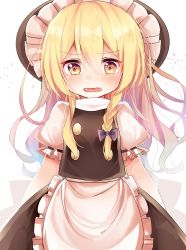 Rule 34 | 1girl, apron, bad id, bad pixiv id, blonde hair, blush, braid, coda (ankoprpr3700), d:, fang, hat, highres, kirisame marisa, long hair, looking at viewer, messy hair, open mouth, puffy short sleeves, puffy sleeves, short sleeves, side braid, single braid, skirt, skirt set, solo, touhou, turtleneck, vest, waist apron, wavy hair, witch hat, yellow eyes