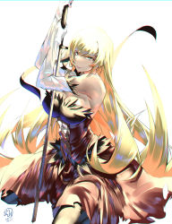 Rule 34 | 1girl, absurdres, aged up, bare shoulders, blonde hair, breasts, chromatic aberration, dorashieru, dress, elbow gloves, gloves, highres, holding, holding sword, holding weapon, kiss-shot acerola-orion heart-under-blade, large breasts, long hair, looking at viewer, monogatari (series), oshino shinobu, pointy ears, red dress, seiza, simple background, sitting, smile, solo, strapless, strapless dress, sword, sword plant, vampire, very long hair, weapon, white background, yellow eyes
